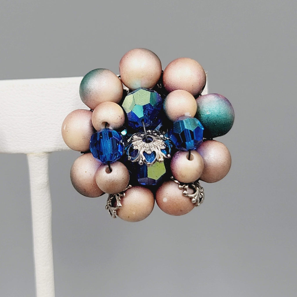 Vintage Blue Tan Cluster Bead Clip on Earrings Silver tone Filigree 1.25 in