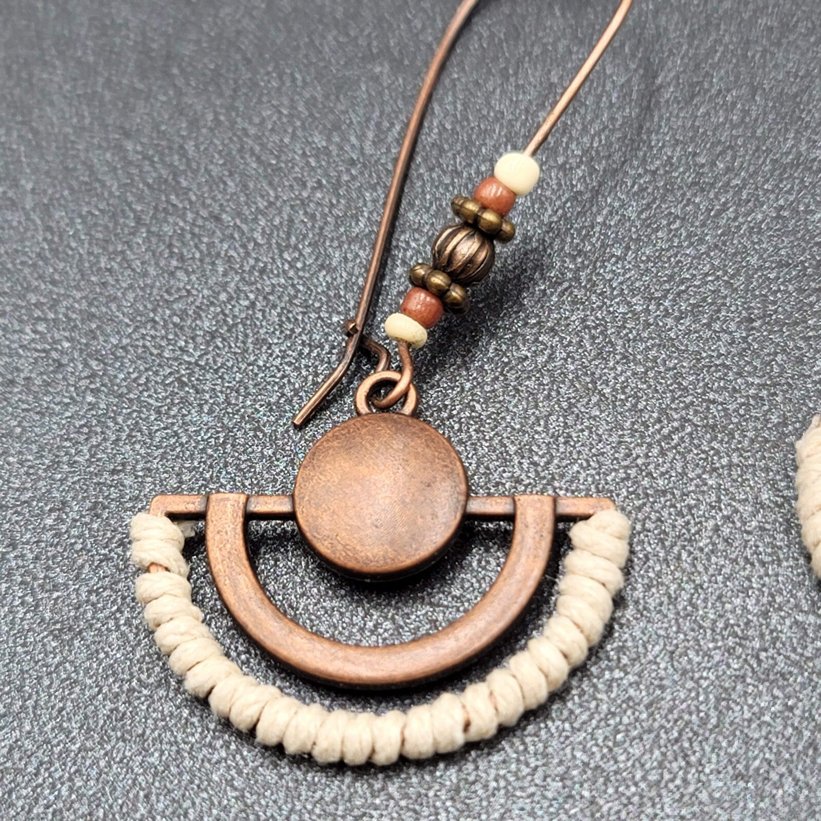 New Boho Pierced Earrings Copper tone Beaded White Dangle Large Hook 2.25"