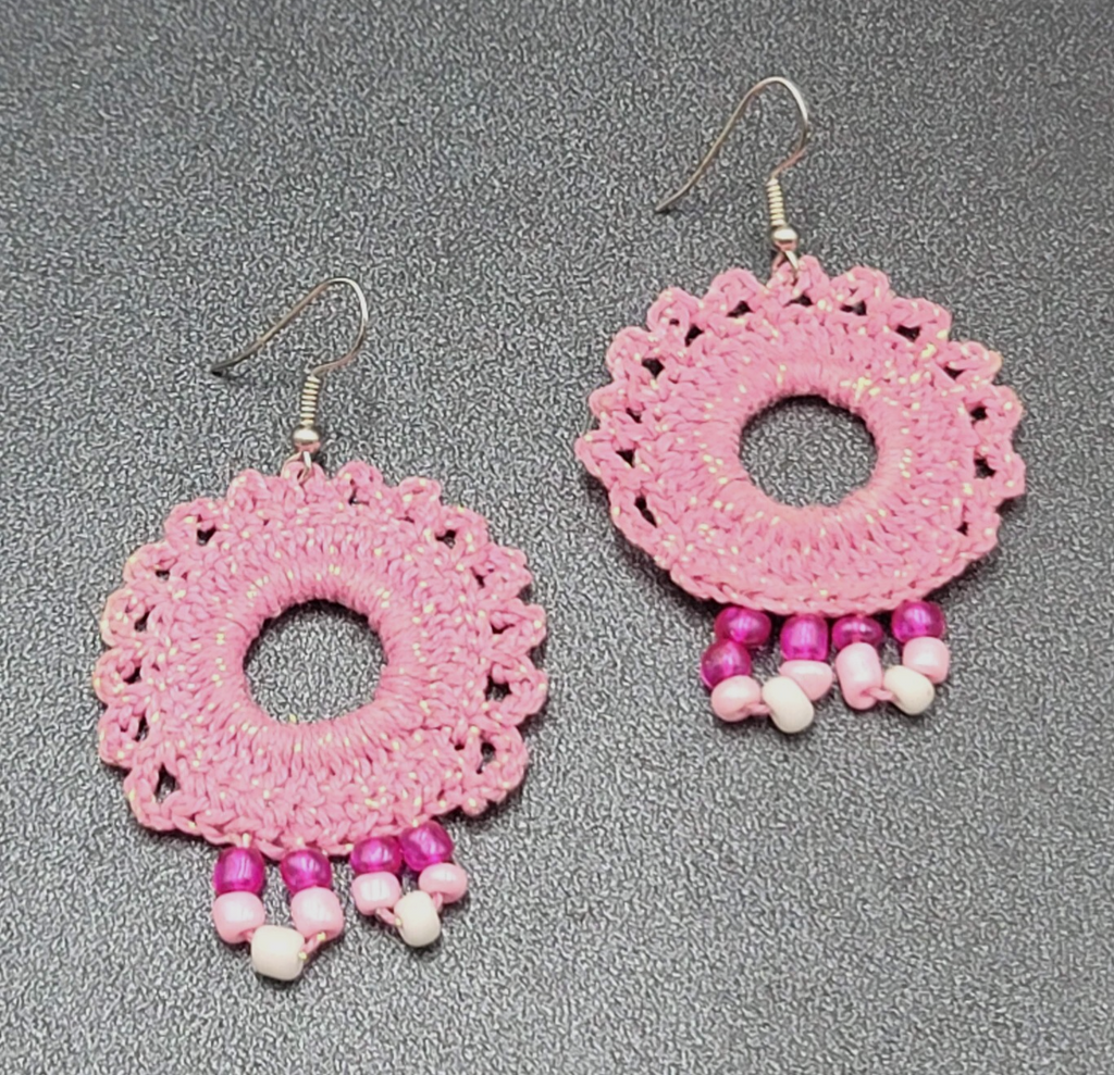 Pierced Earrings Pink Crochet Bead Dangle 1 7/8"