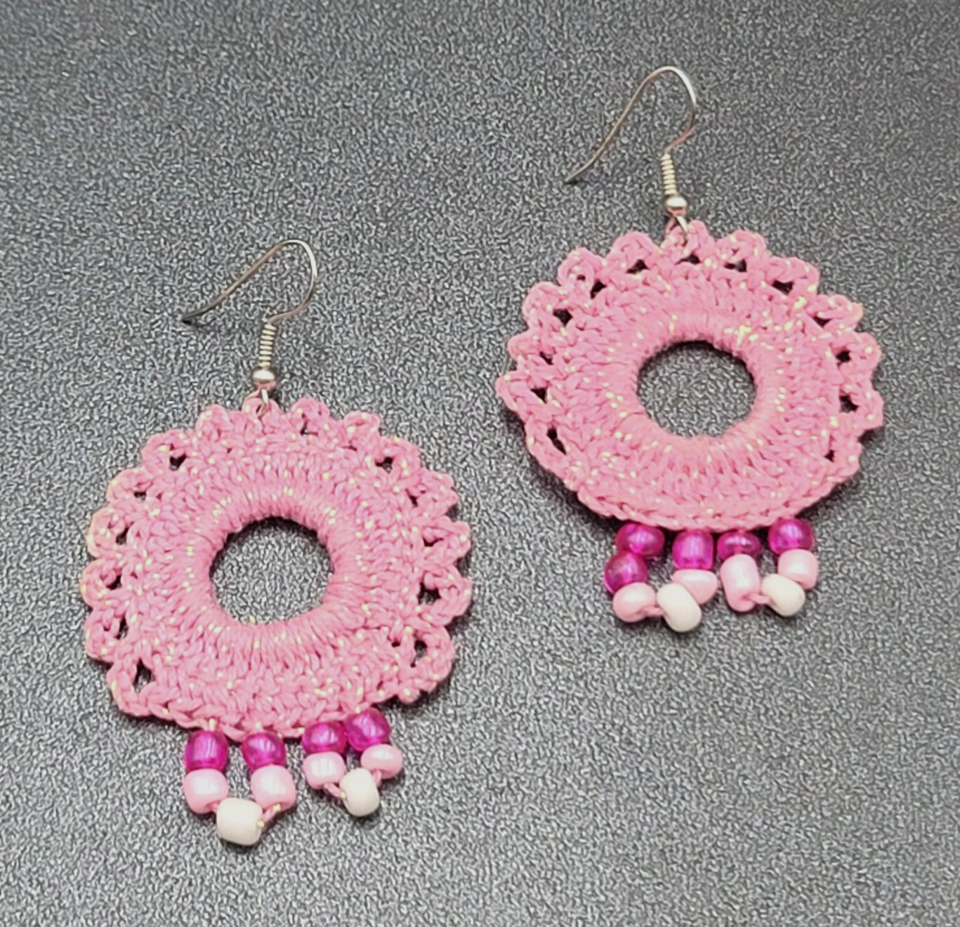 Pierced Earrings Pink Crochet Bead Dangle 1 7/8"