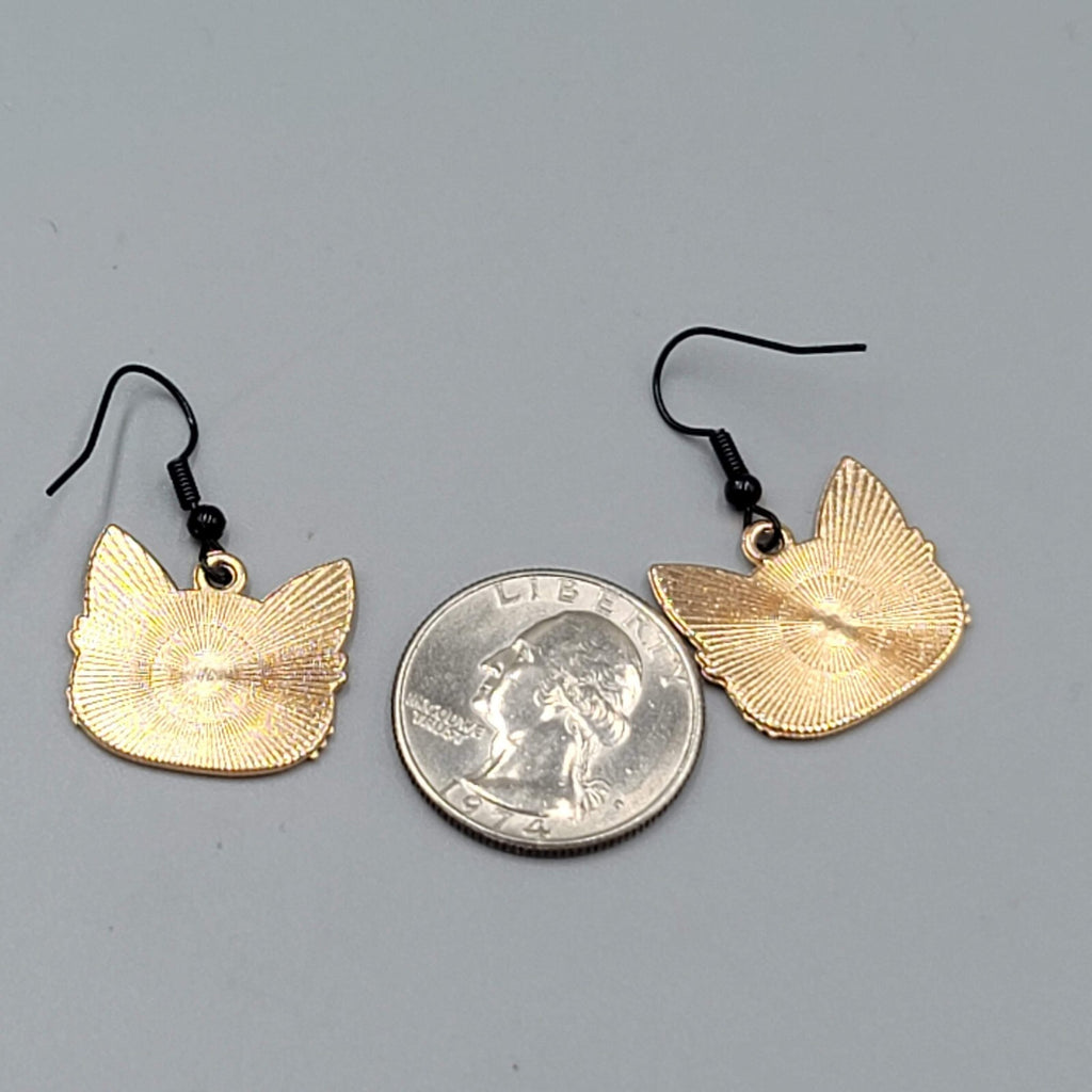 Four Eyed Black Cat Pierced Earrings Enamel Gold tone Dangle New 