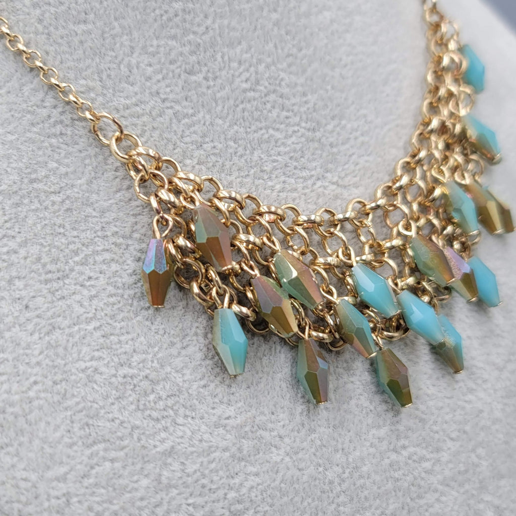 Lauren Conrad Multicolor Blue Brown Iridescent Beads Necklace Gold tone 14"-18"