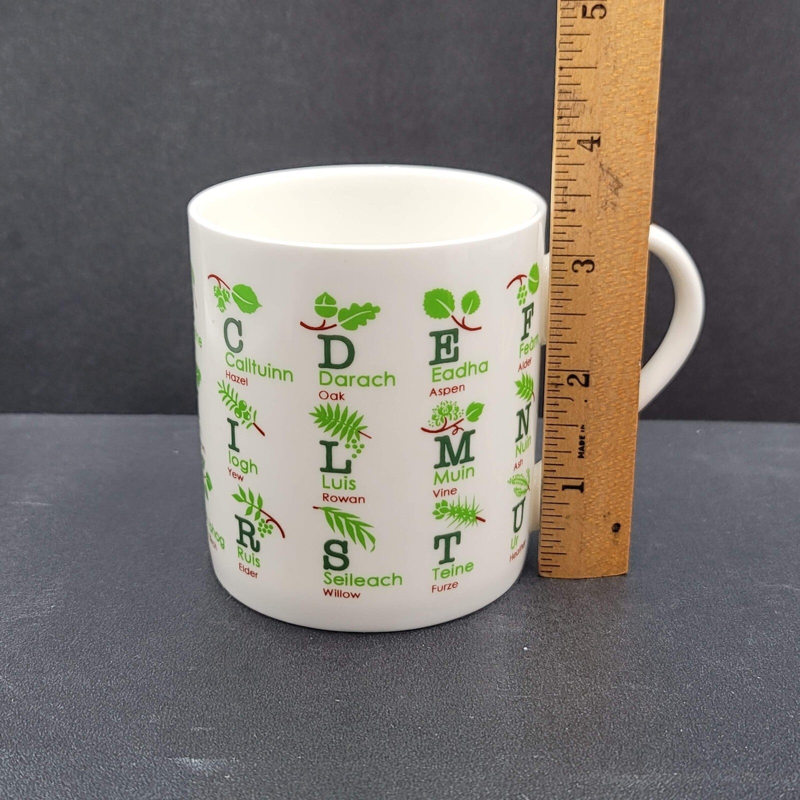 Aros Coffee Mug Cup Gaelic Alphabet Through Trees 3.25"