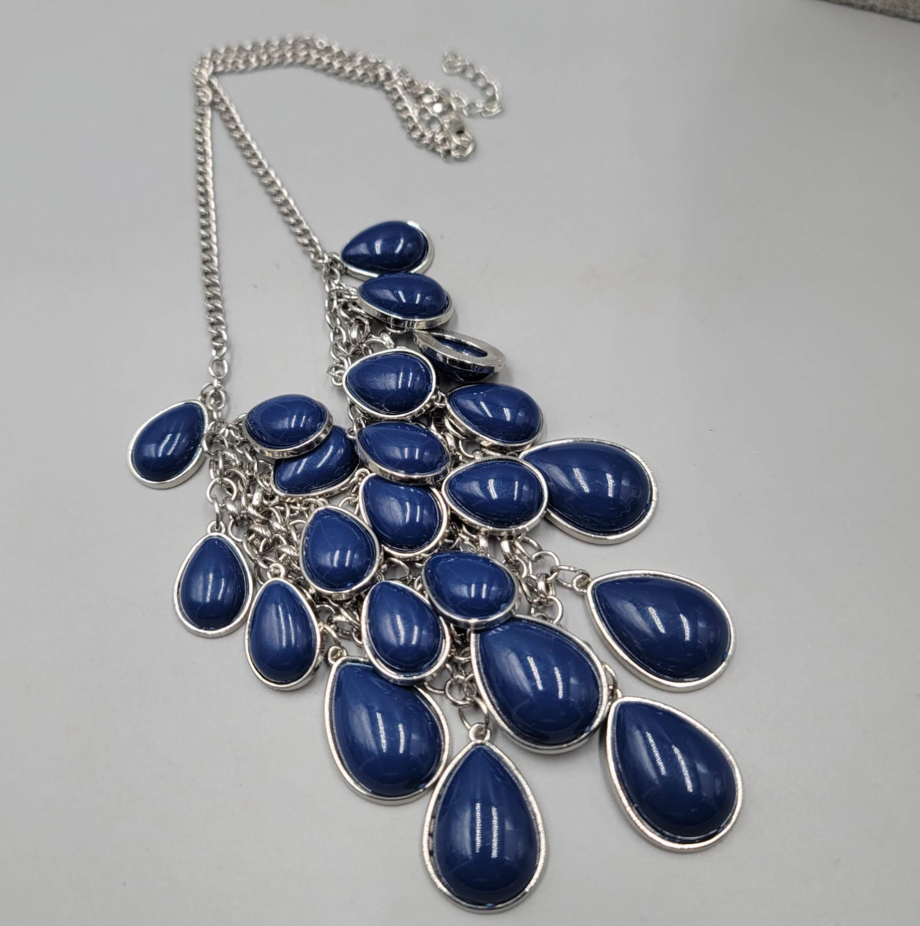 Blue Teardrop Waterfall Necklace Silver tone 16"-18"