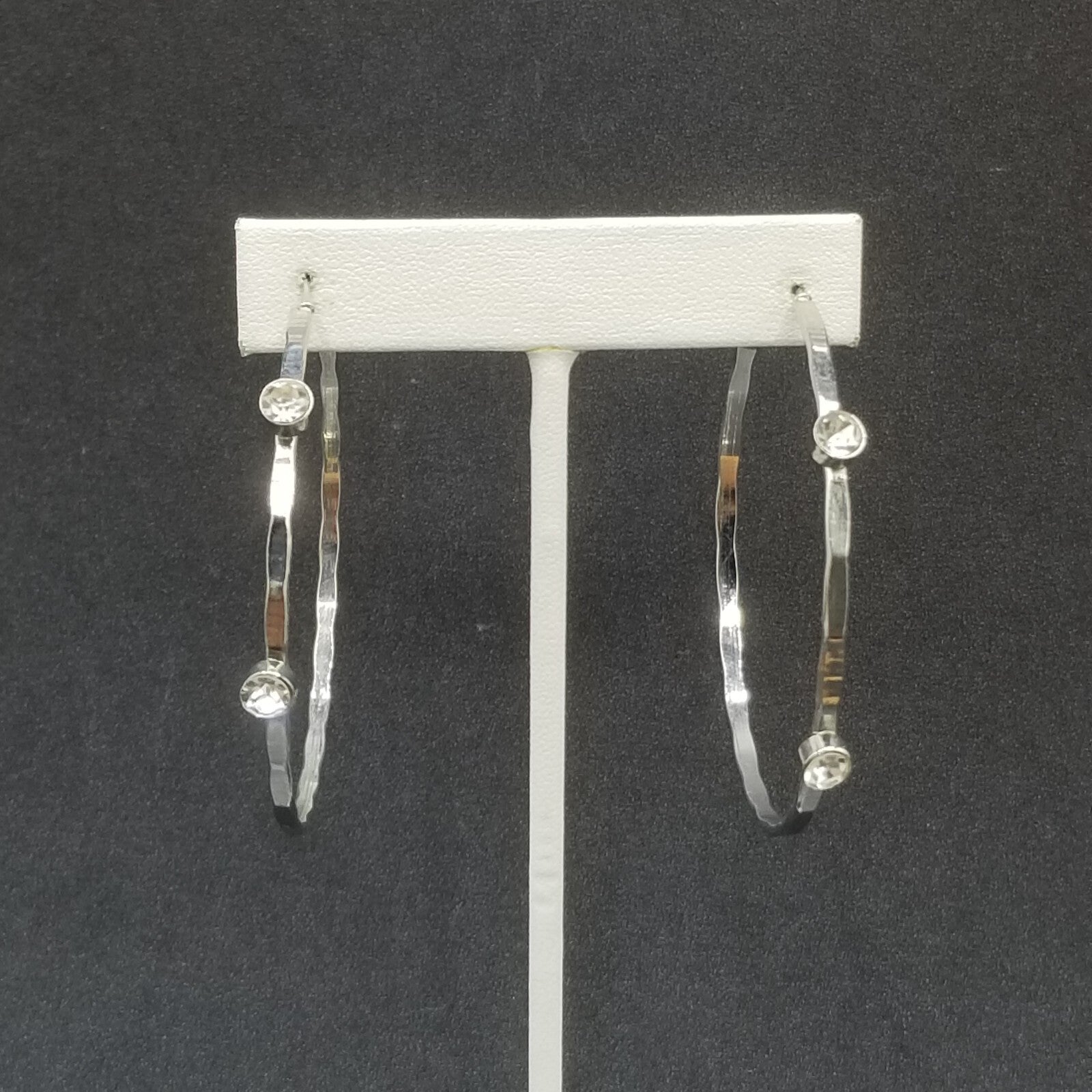 Pierced Earrings Silver tone Rhinestone Large Flat Statement Hoops 2 3/8"