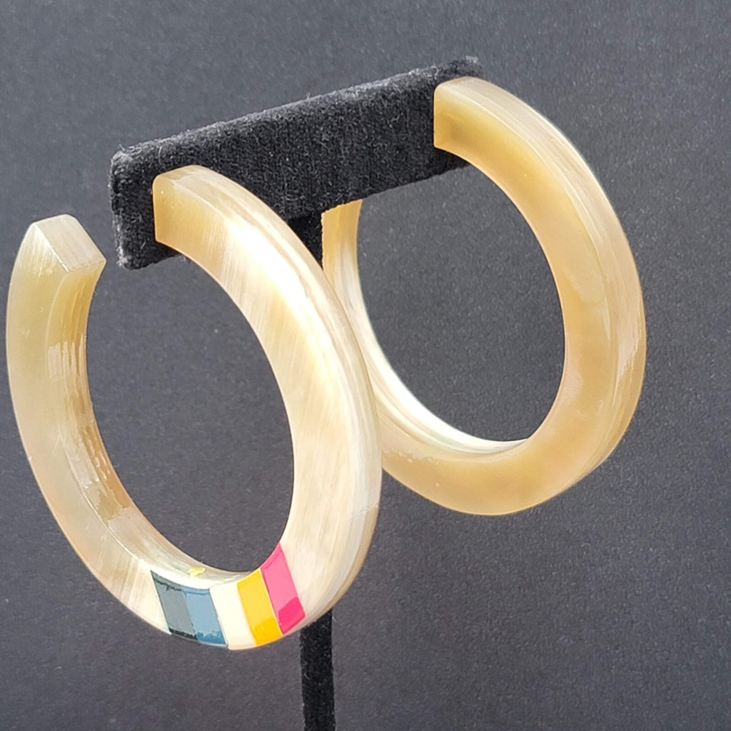 Pierced Earrings Resin Faux Horn Hoops Hand Painted 2 3/8"
