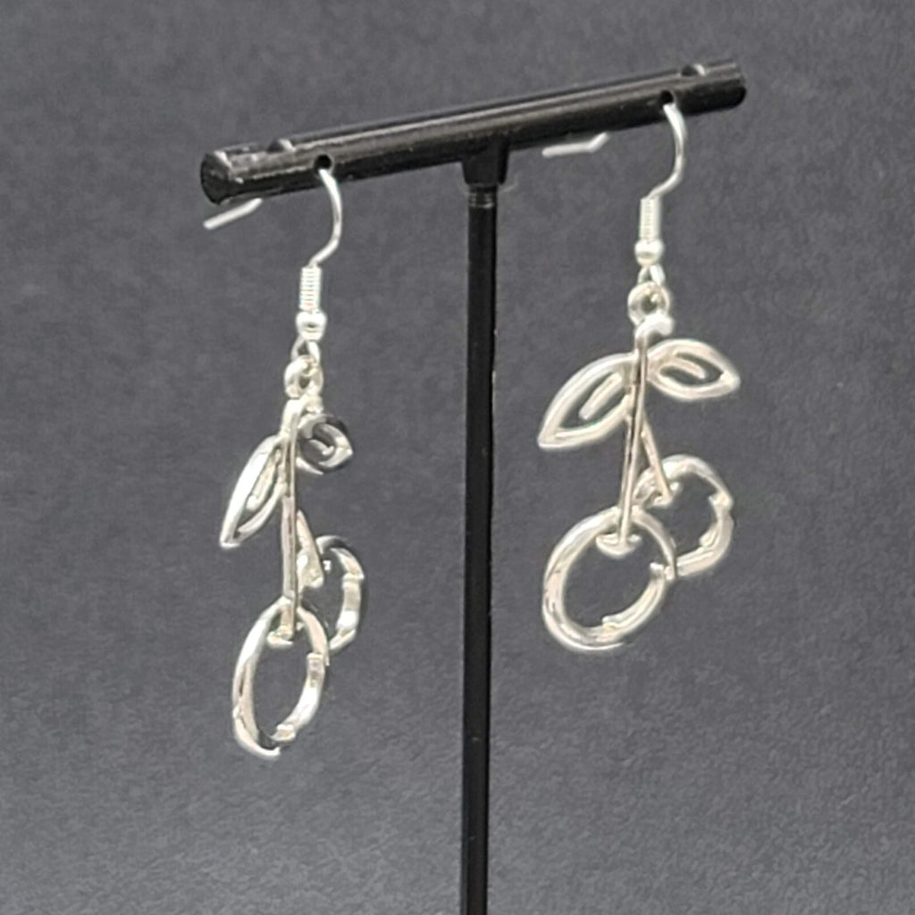 Cherry Pierced Earrings Cherries Silver tone Dangle 1 3/8"