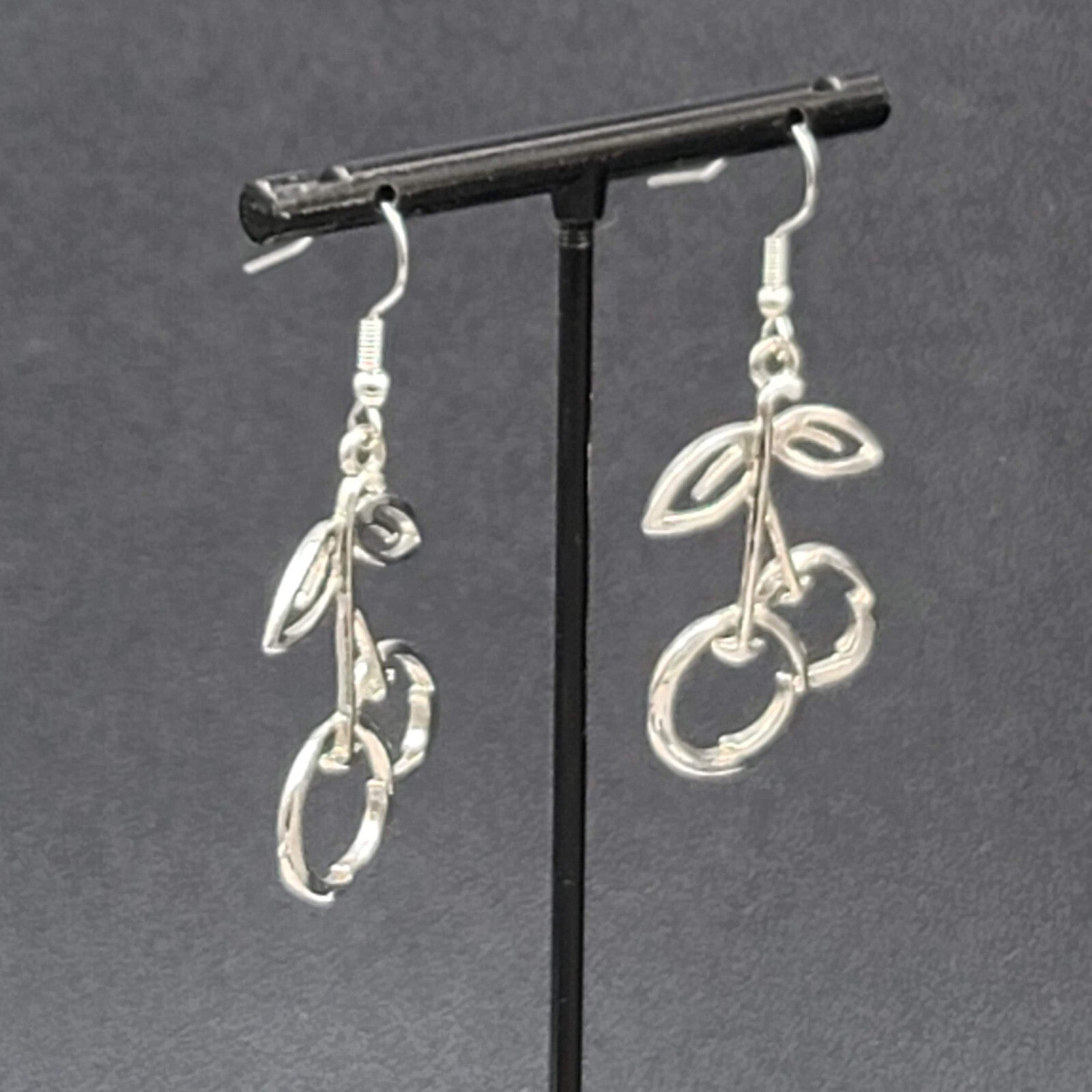 Cherry Pierced Earrings Cherries Silver tone Dangle 1 3/8"