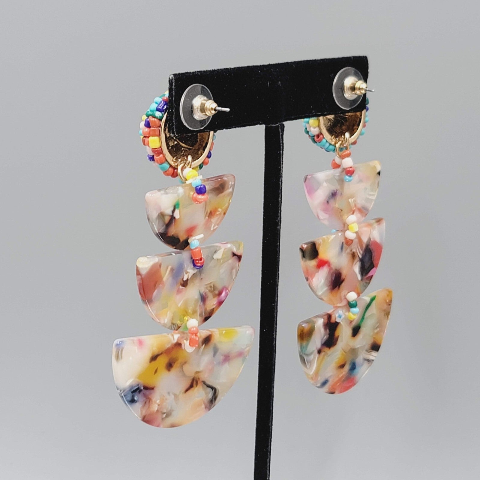 Statement Beaded Dangle Pierced Earrings Acrylic Resin Confetti Boho 3"