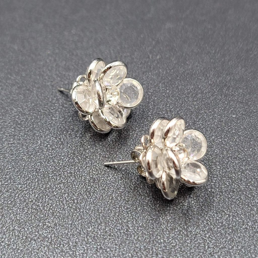 Flower Pierced Earrings Silver tone Clear Faceted Glass Studs 5/8"