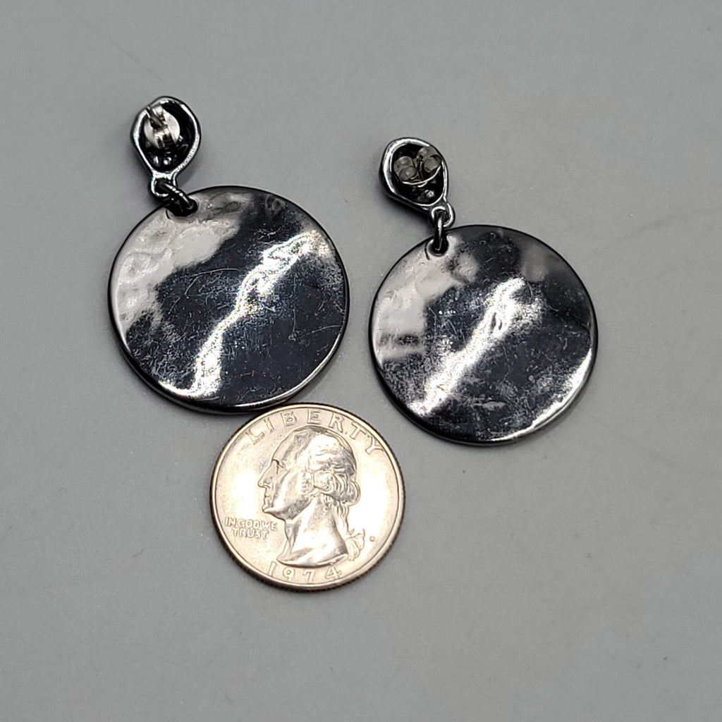 Black Metal Statement Pierced Earrings Rhinestone Round Dangle 1 5/8"