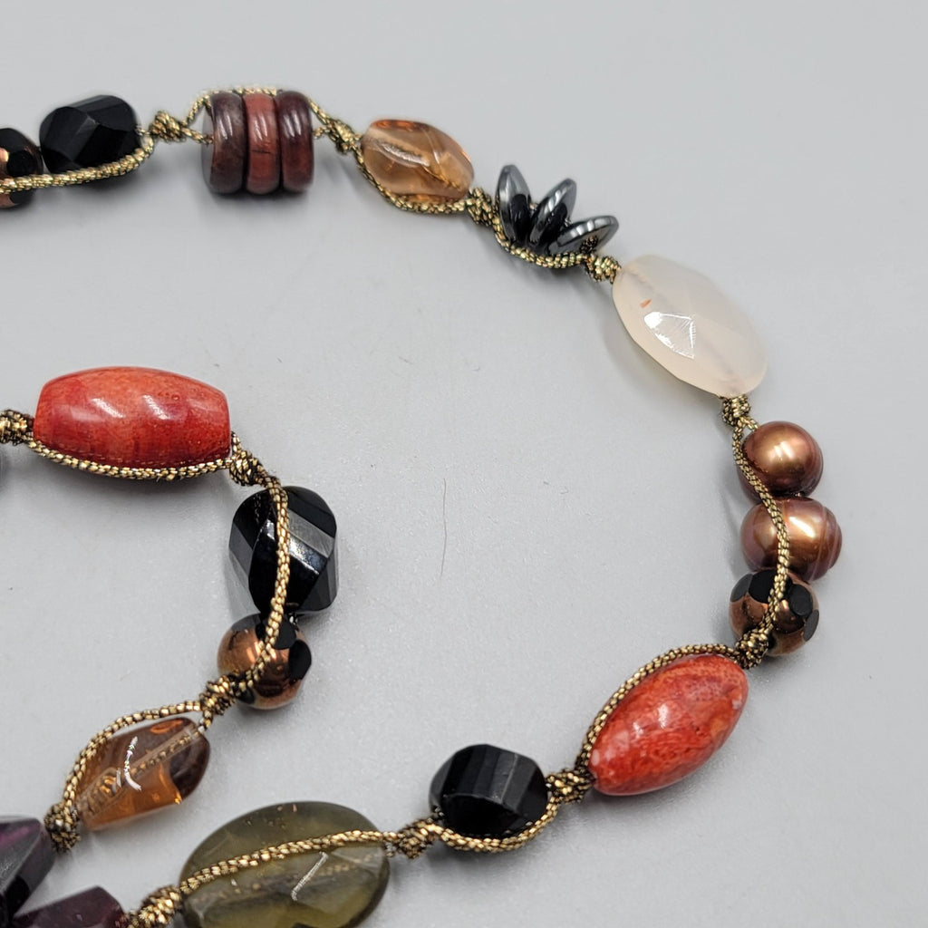 Sterling Silver Multi Bead Necklace Pearl Quartz Agate Multicolor 30"