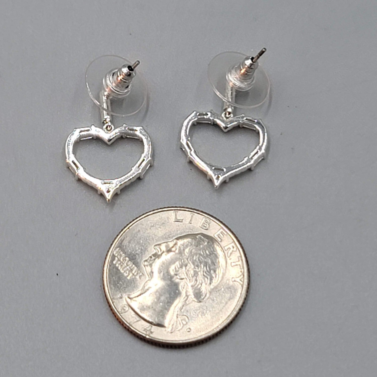 Heart Pierced Earrings Crystal Open Work Dangle Silver Plated 7/8"