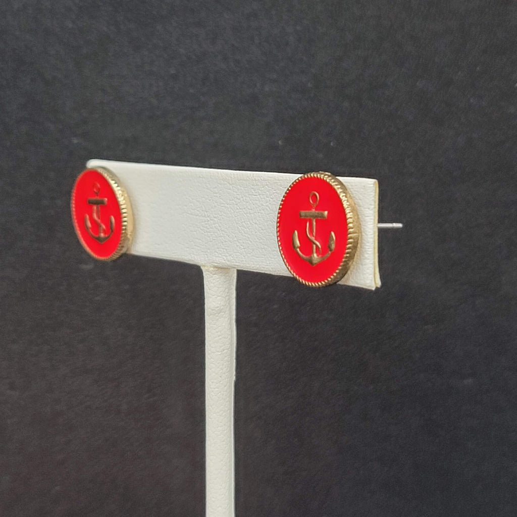 Pierced Earrings Hot Pink Enamel Nautical Anchor Studs 1/2"