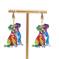Mosiac Dog Pierced Earrings Multicolor Acrylic Dangle Gold tone Hook 1.5"