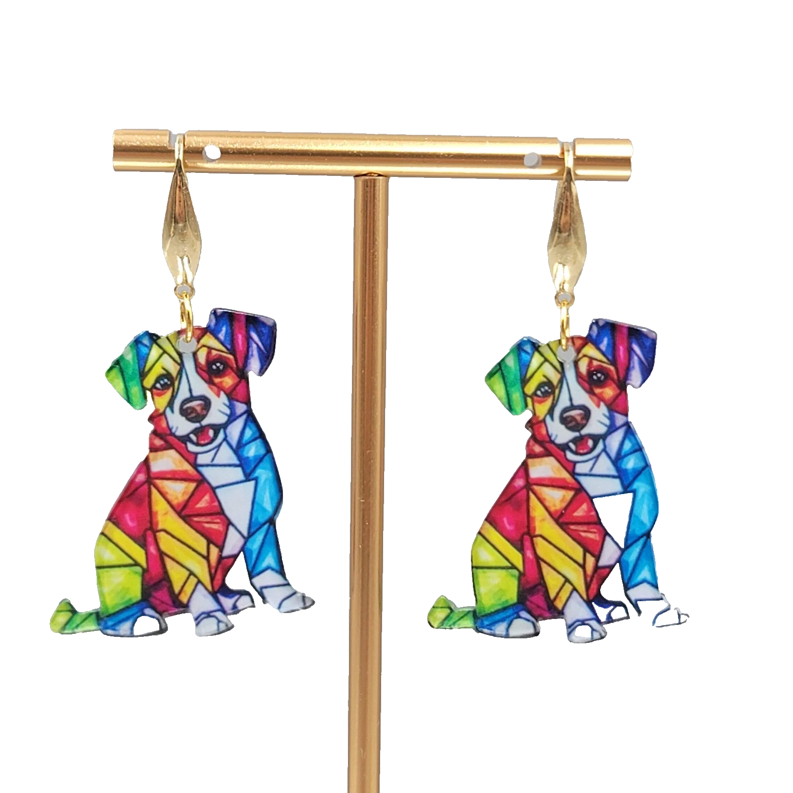 Mosiac Dog Pierced Earrings Multicolor Acrylic Dangle Gold tone Hook 1.5"