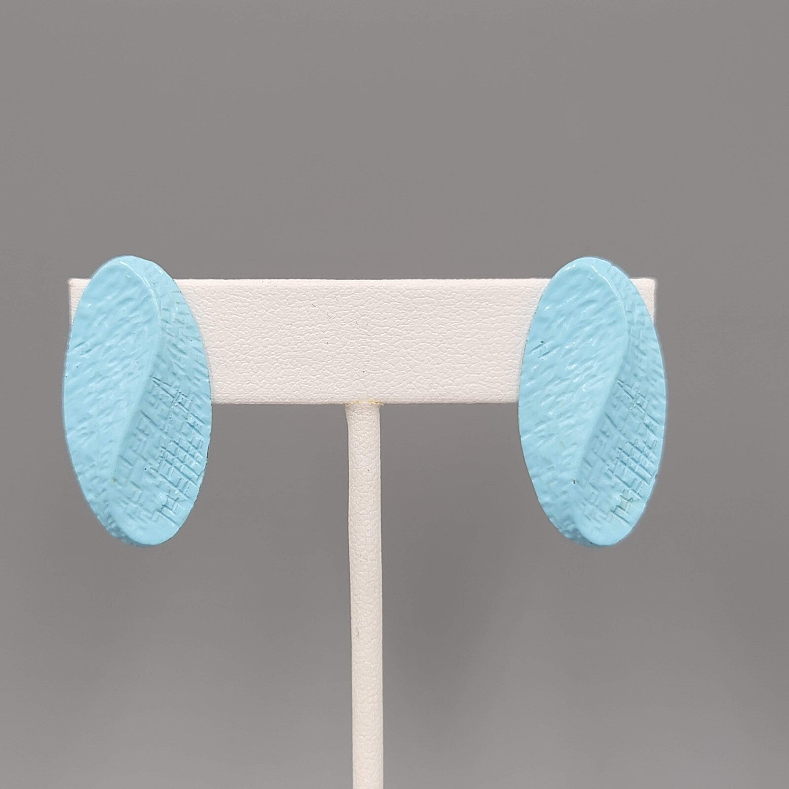 Vintage Light Blue Enamel Pierced Earrings Textured Oval Drop 1.25"