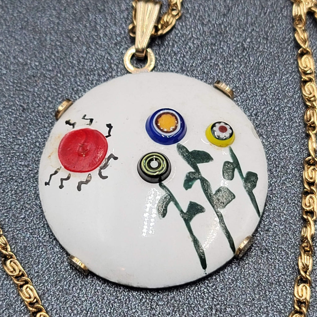 Vintage Enamel over Metal Flower Pendant Gold tone S Chain Necklace 15"