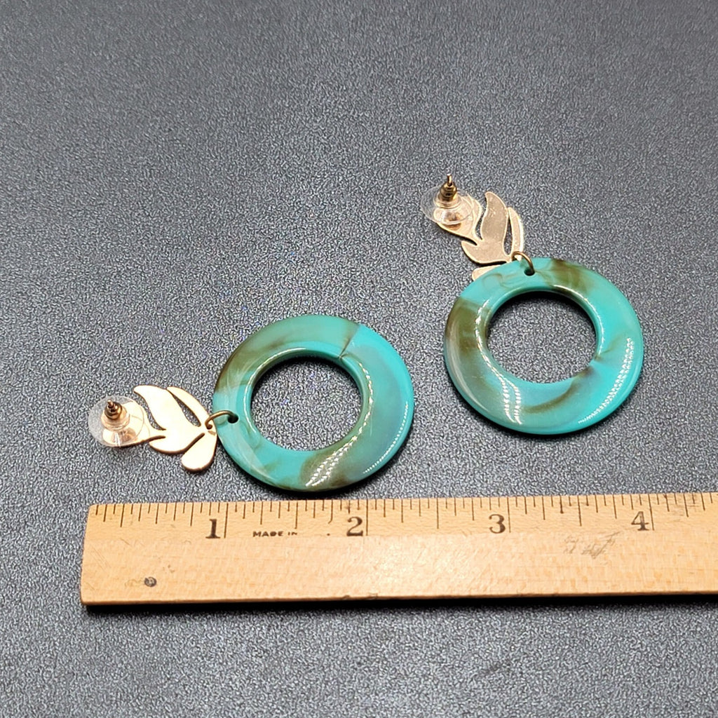 Pierced Earrings Gold tone Turquoise Acrylic Lightweight 2.25"
