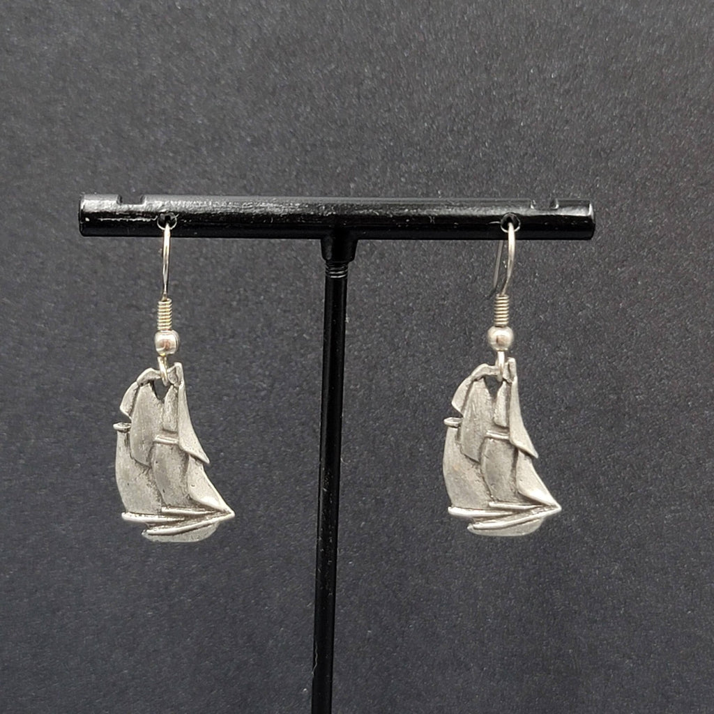 Vintage Ship Pierced Earrings Pewter Silver tone Dangle Nautical 7/8"