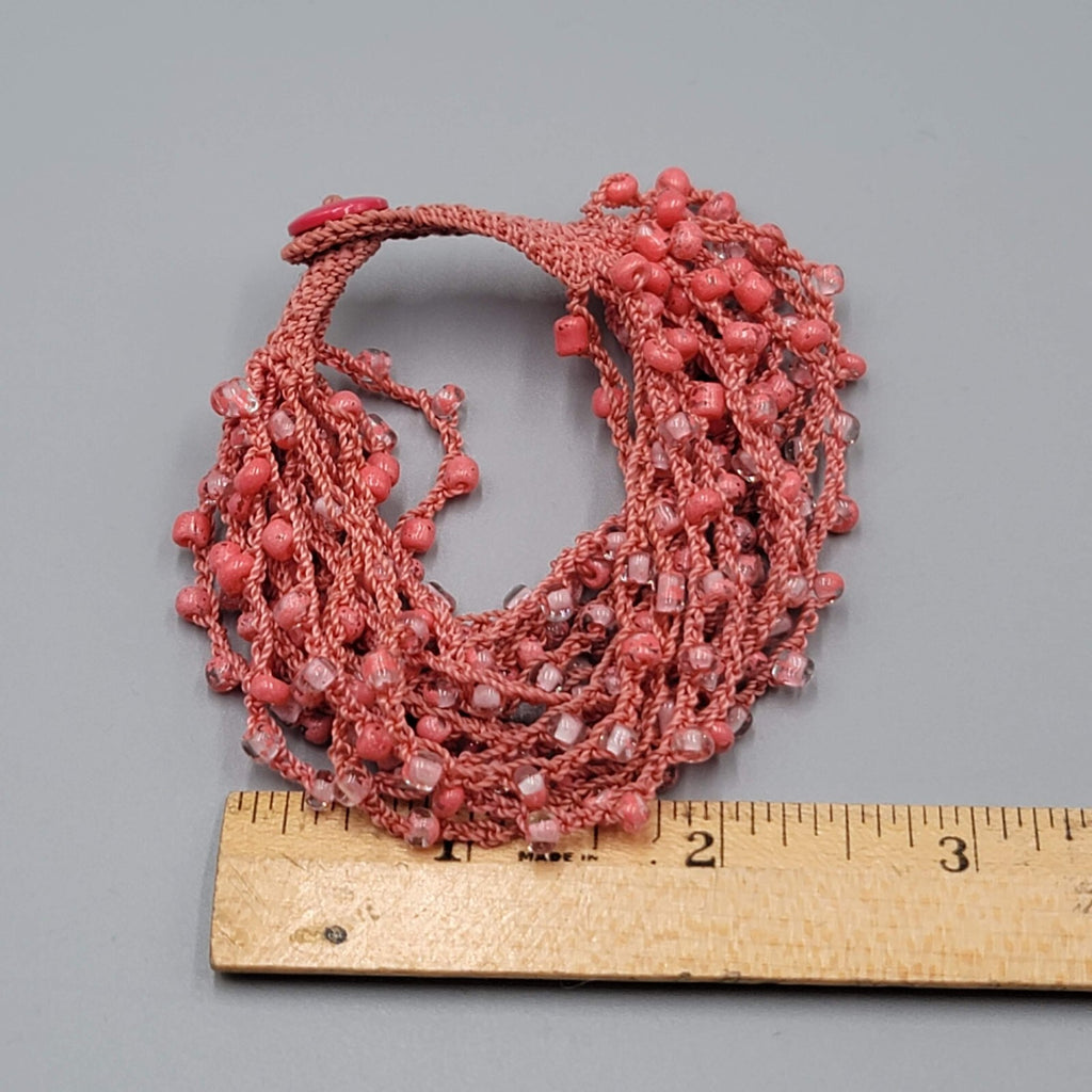 Mauve Pink Bracelet Glass Seed Bead Thread Button Closure 7"