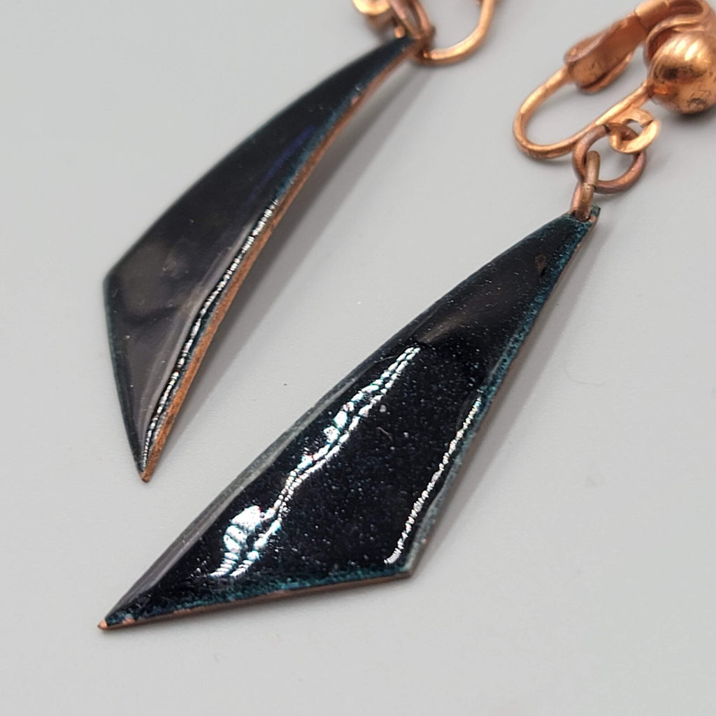 Vintage Clip on Earrings Copper Dark Blue Enamel Dangle 2"