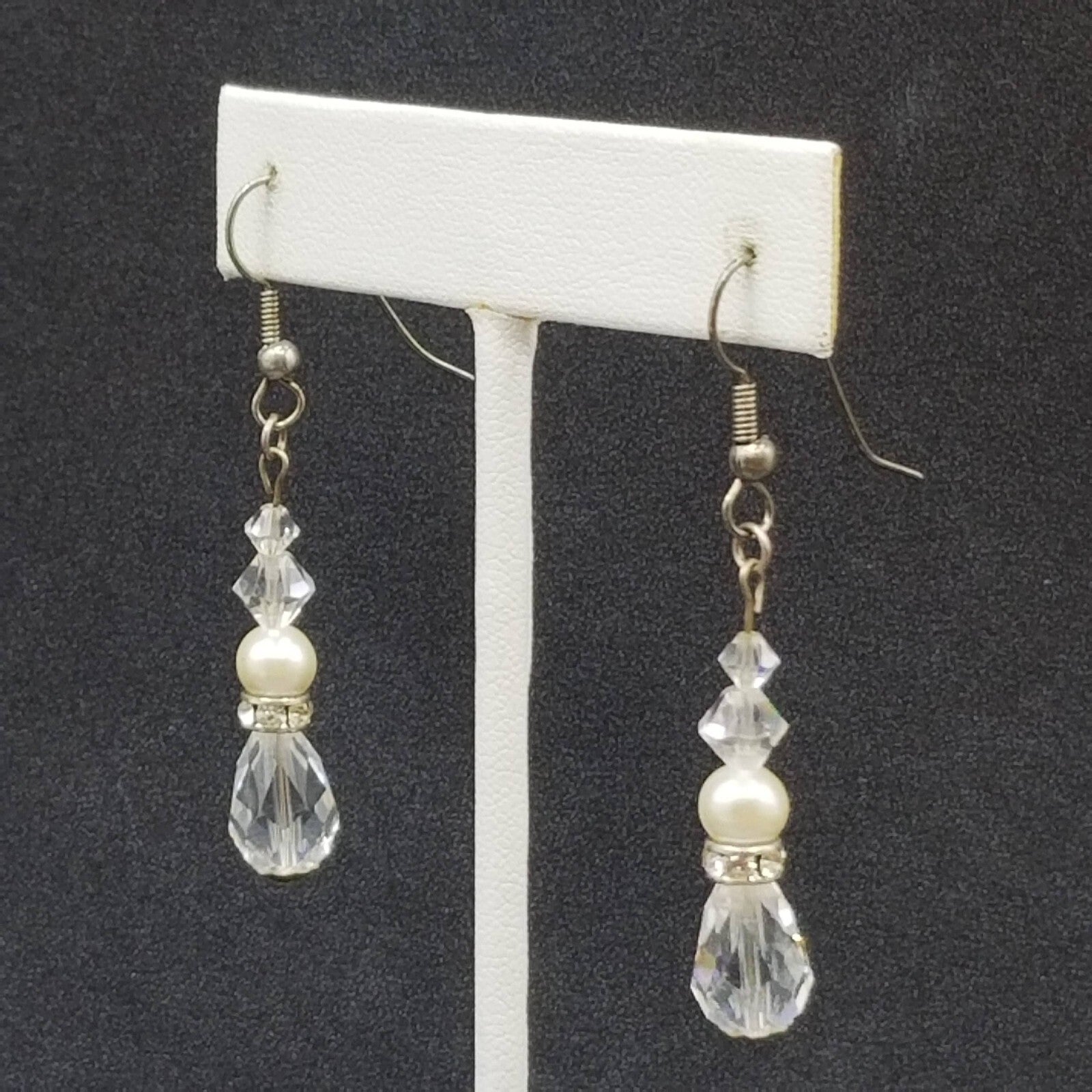 Pierced Earrings Silver tone Faux Pearl Faceted Crystal Bead Dangle 1 1/4"