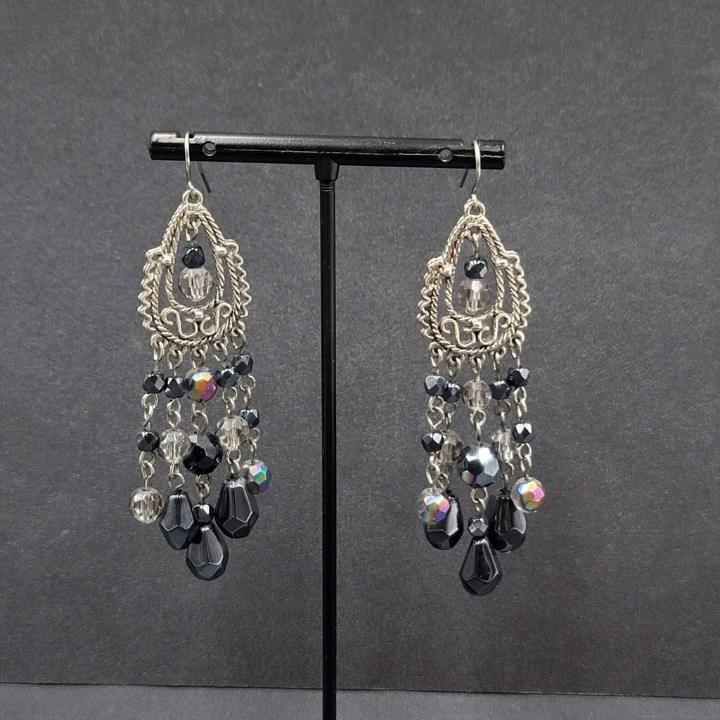 Pierced Earrings Silver tone Black AB Glass Beads Chandelier 3"