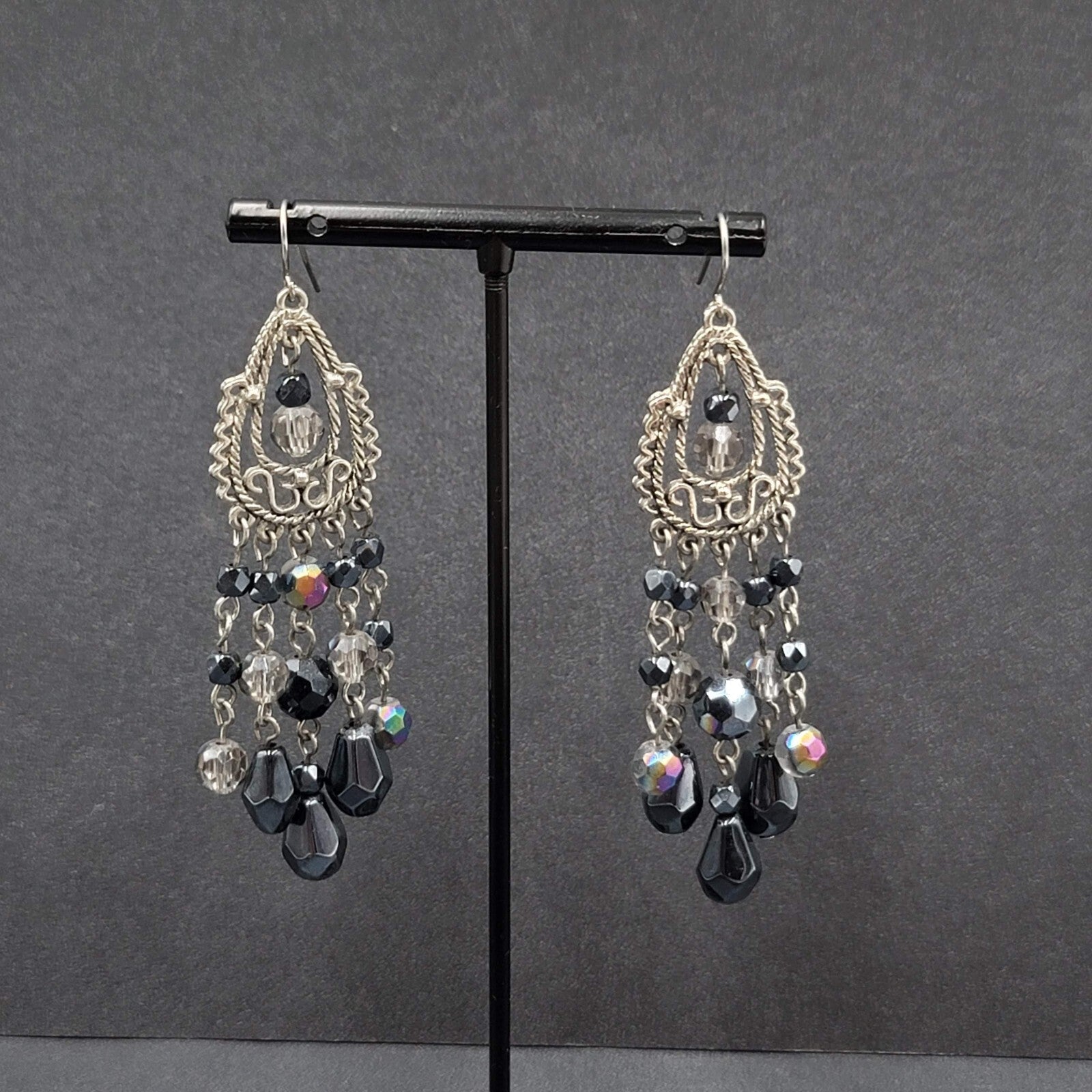 Pierced Earrings Silver tone Black AB Glass Beads Chandelier 3"