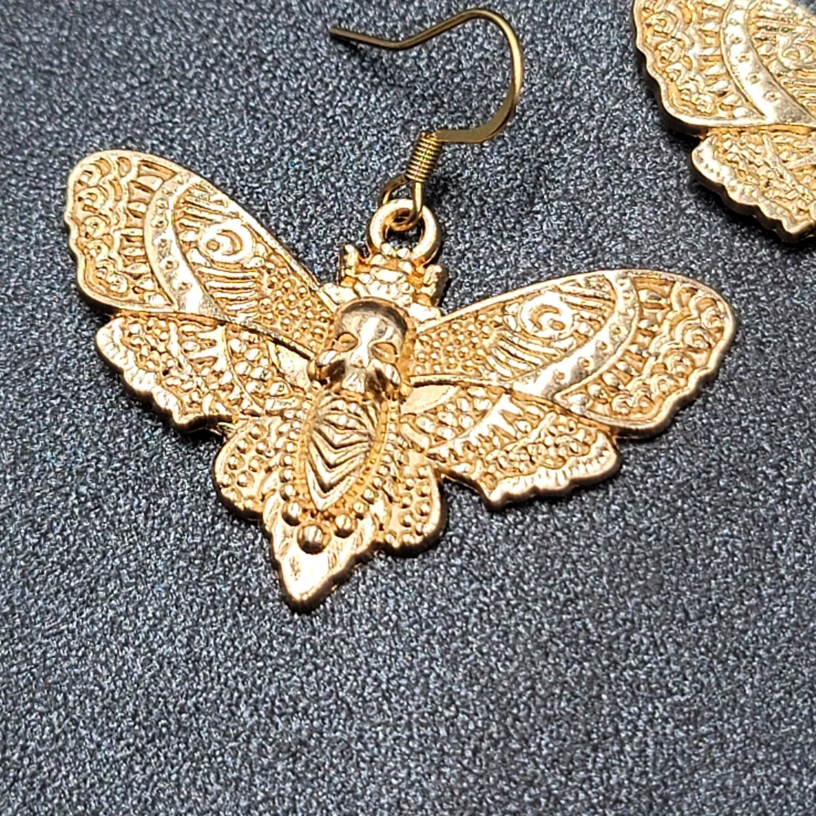 Death Head Moth Pierced Earrings Gold tone Dangle 1" x 1 5/8" 