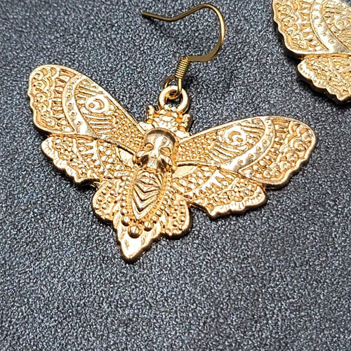 Death Head Moth Pierced Earrings Gold tone Dangle 1" x 1 5/8" 