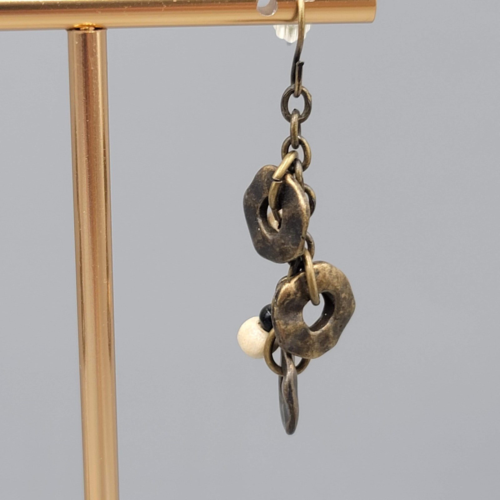 Circles Wood Bead Pierced Earrings Bronze tone Dangle 1.5 in