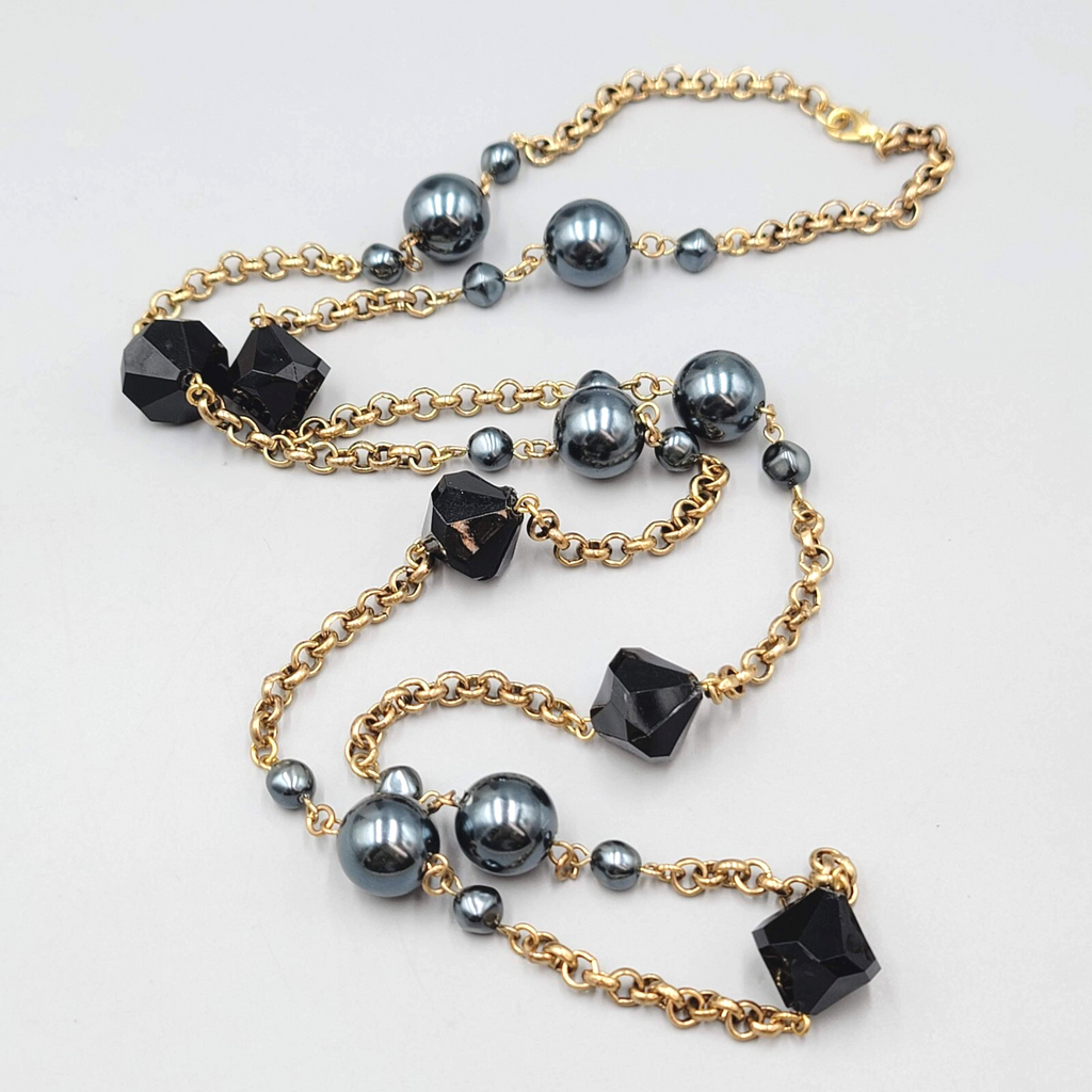Long Rolo Chain Necklace Gold tone Black and Metallic Blue Beads 44"