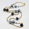 Long Rolo Chain Necklace Gold tone Black and Metallic Blue Beads 44"