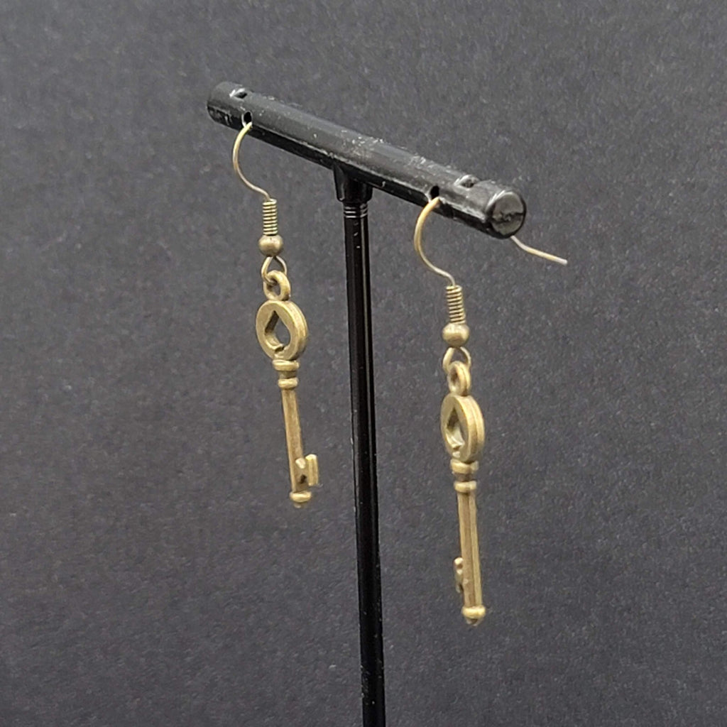 New Pierced Earrings Spade Skeleton Key Bronze tone Dangle 1 1/8"