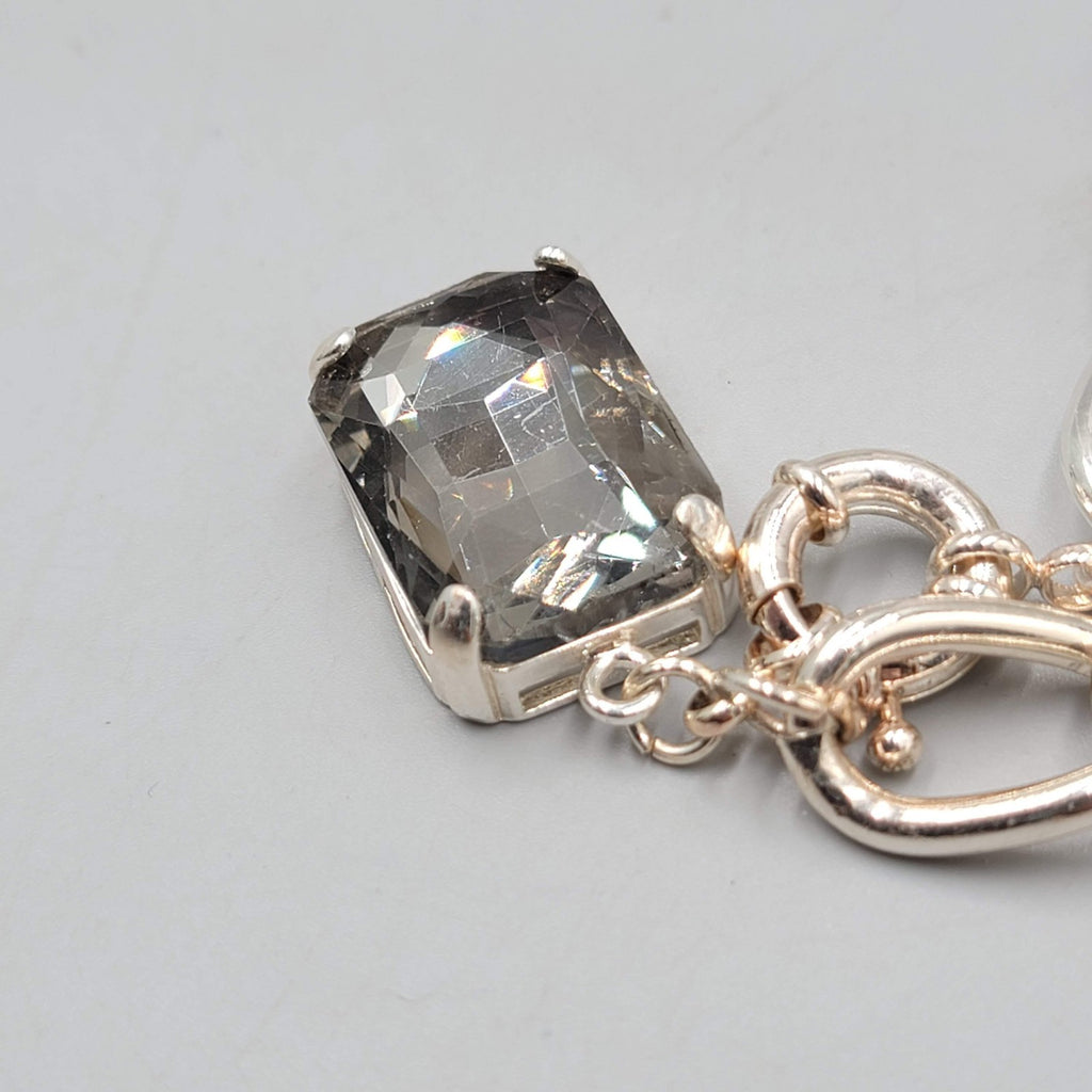 Smokey Gray Glass Dangle Bracelet Silver tone 7"