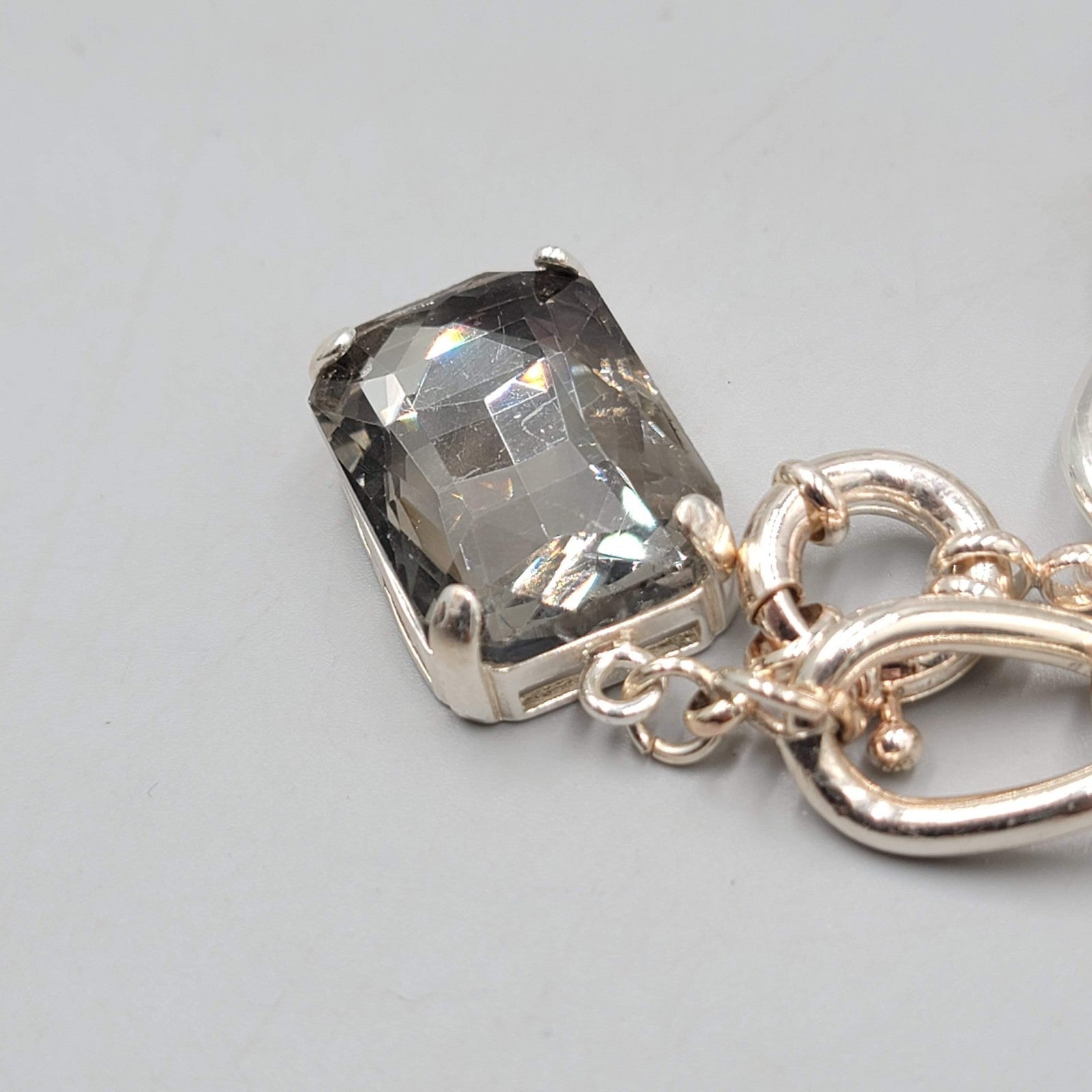 Smokey Gray Glass Dangle Bracelet Silver tone 7"