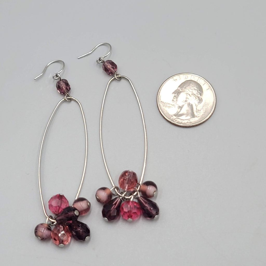 Purple Bead Long Hoop Pierced Earrings Silver tone Dangle 2.25"