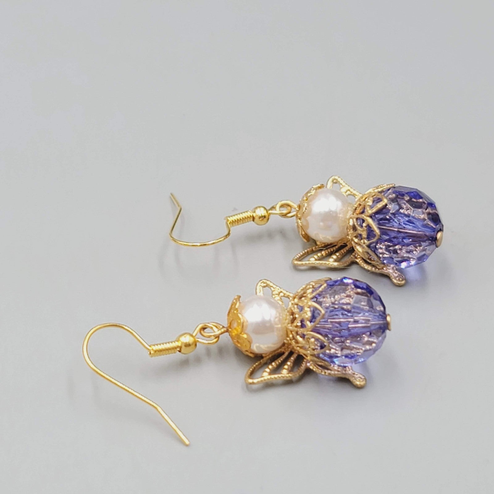 Vintage Angel Pierced Earrings Purple bead Gold tone Dangle  1"