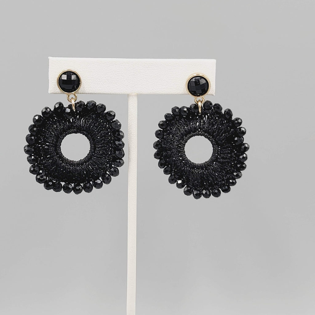 Black Crochet Bead Pierced Earrings Dangle 1.5"