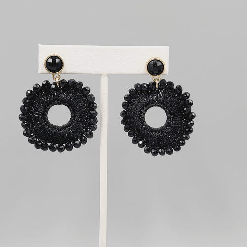 Black Crochet Bead Pierced Earrings Dangle 1.5"
