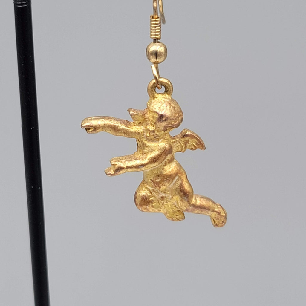 Vintage Cupid Cherub Angel Pierced Earrings Gold tone Dangle 1"