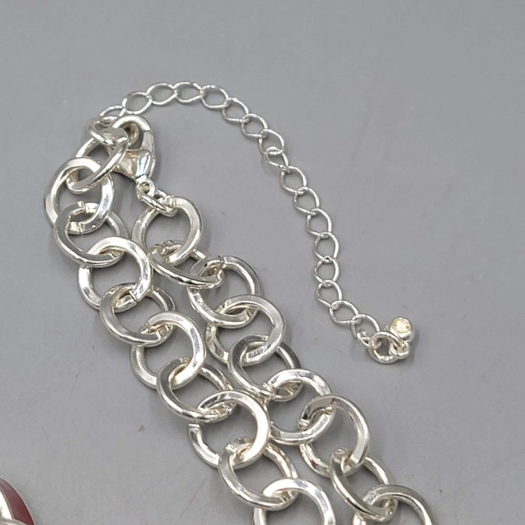 Necklace Extra Long Silver tone Red Bead Enamel Statement 42 in