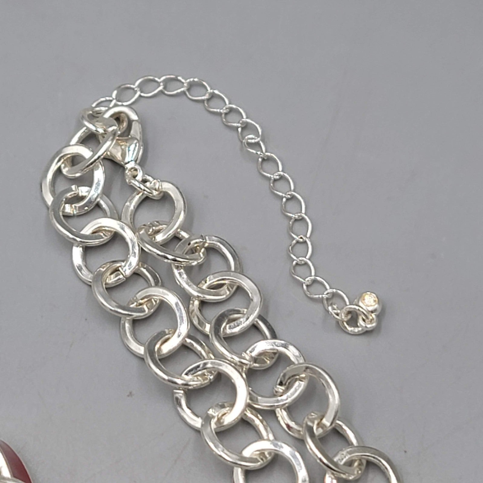 Necklace Extra Long Silver tone Red Bead Enamel Statement 42 in