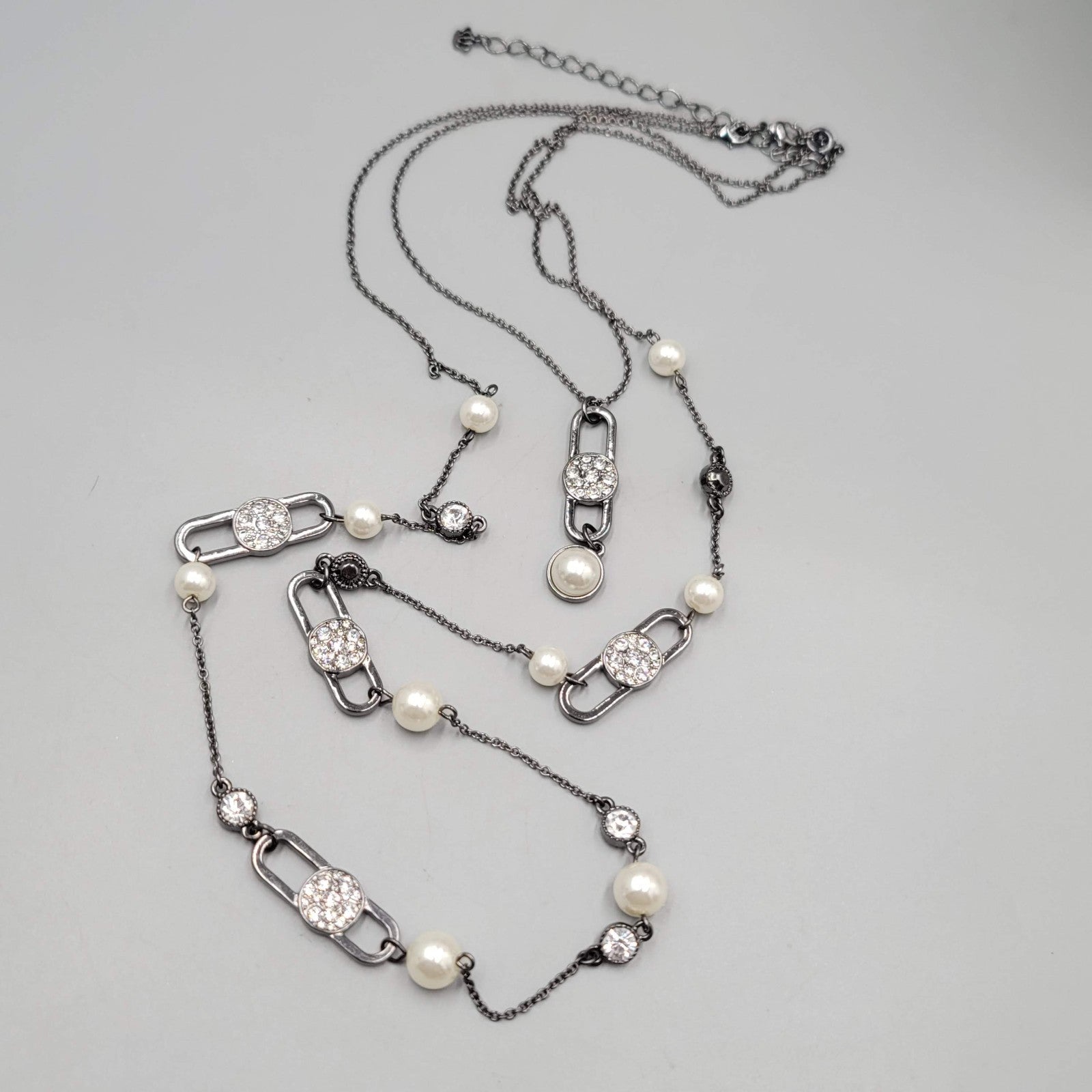 Black Metal Faux Pearl Rhinestone Necklace Convertible Removable Layer 18" & 36"