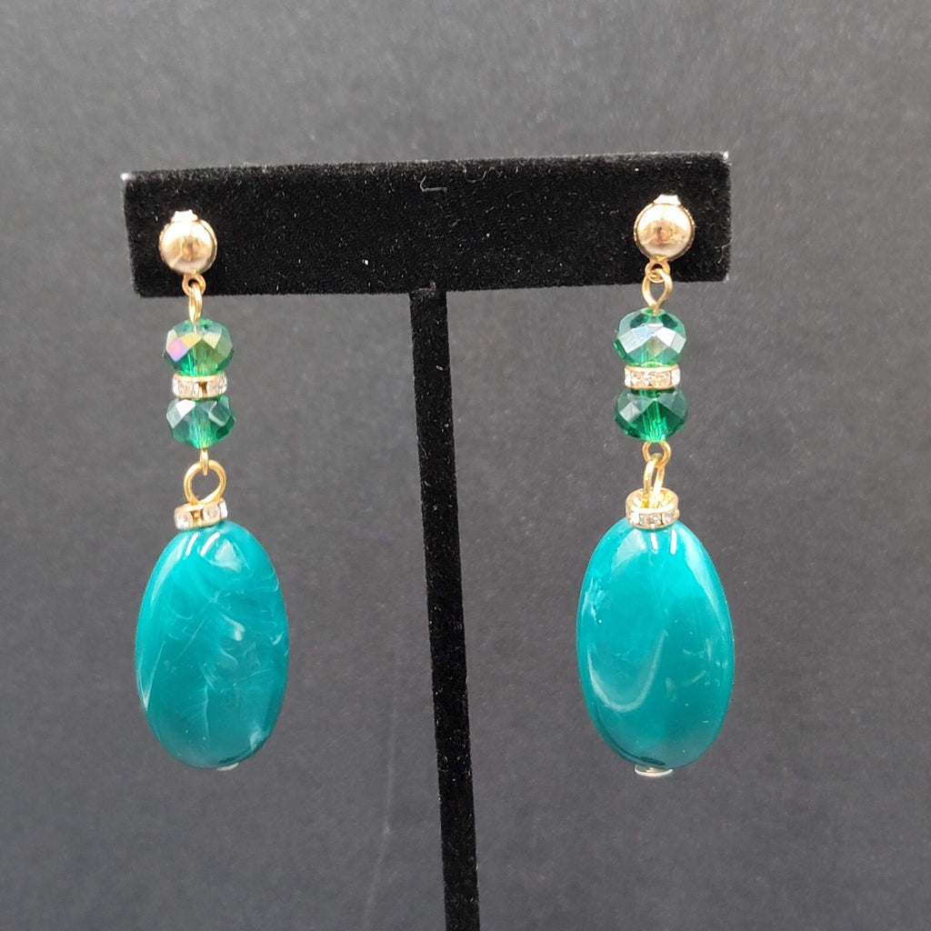 Vintage Pierced Earrings Green Acrylic Bead Dangle Rhinestones 2.5"