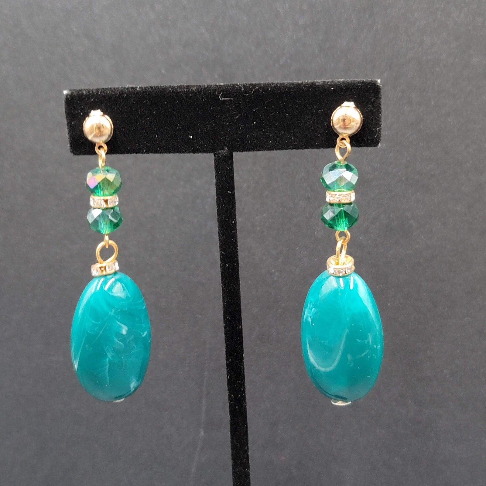 Vintage Pierced Earrings Green Acrylic Bead Dangle Rhinestones 2.5"