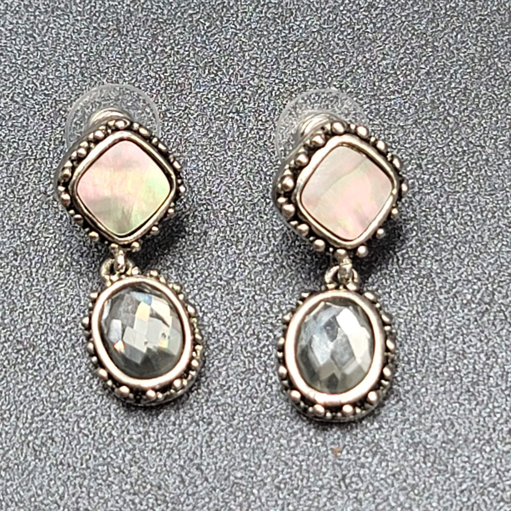 Pierced Earrings Silver tone Abalone Inlay Faceted Glass Dangle 1.25"