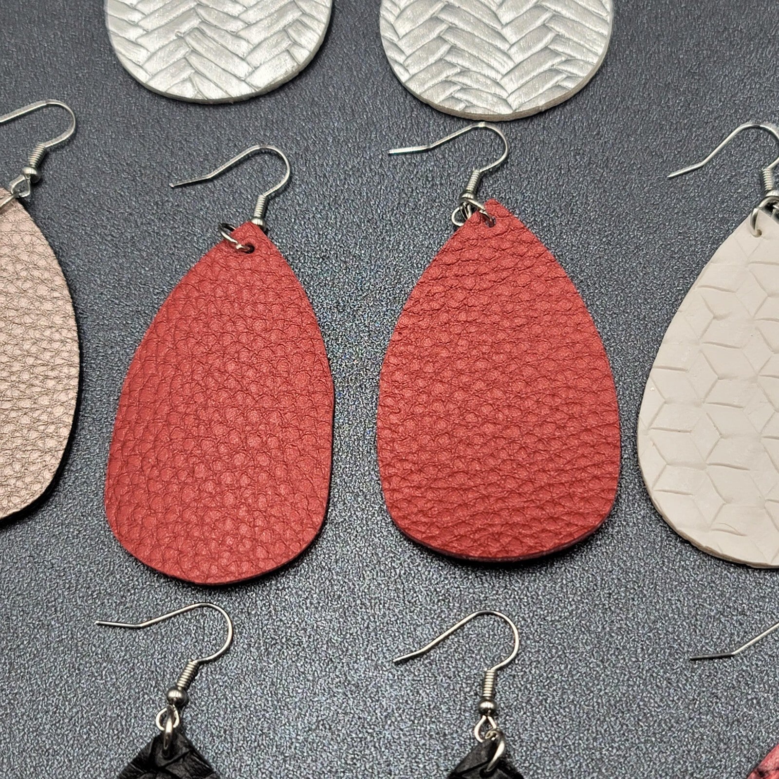 Lot of 7 Pierced Earrings Faux Leather Multicolor Teardrop Dangle