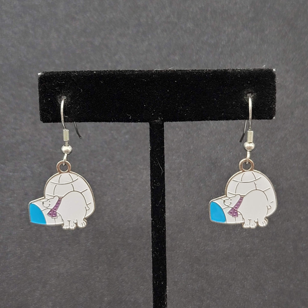 Vintage Pierced Earrings Igloo Polar Bear Dangle Enamel Silver tone Dangle 7/8"